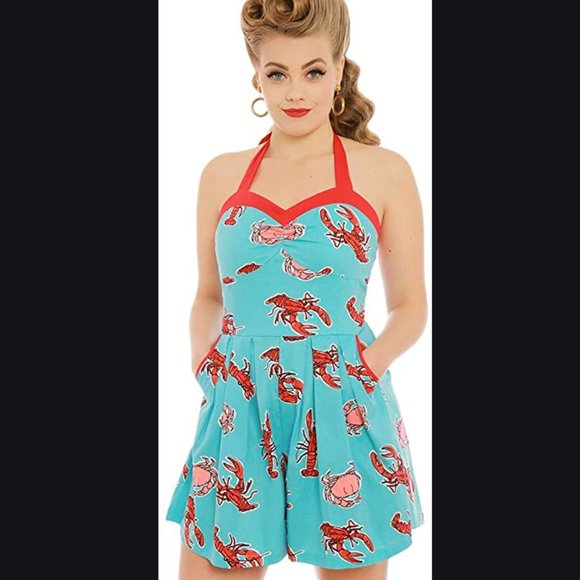 Lindy Bop Pants - Lindy Bop Lauren' Turquoise Lobster Print Playsuit